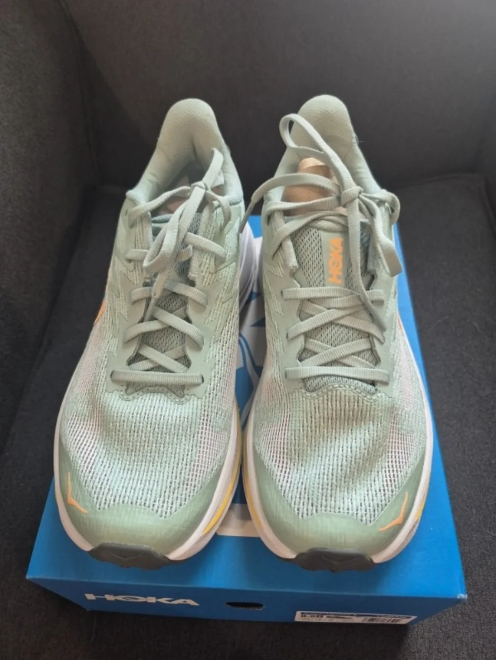 Hoka One One Women's Sage Green Athletic Running Shoes with Orange Accents